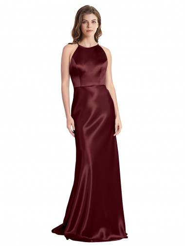 Online High Neck Halter Long Sleeveless Stretch Satin Prom Dress with Strappy Back UK