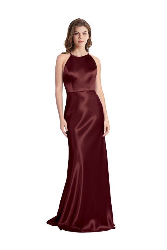 Online High Neck Halter Long Sleeveless Stretch Satin Prom Dress with Strappy Back UK