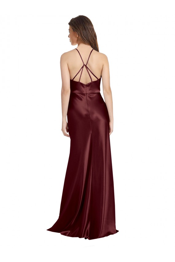 Online High Neck Halter Long Sleeveless Stretch Satin Prom Dress with Strappy Back UK