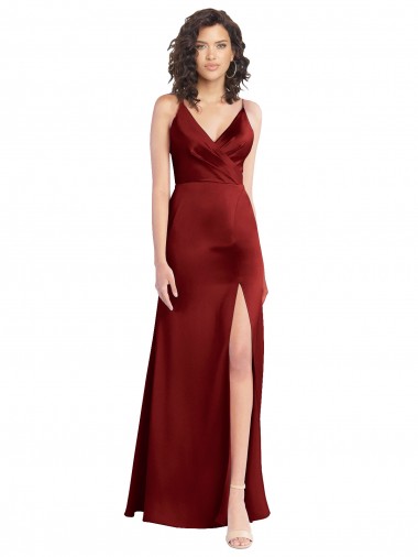 Online Faux Surplice Neckline Long Slim A-Line Stretch Satin Prom Dress UK