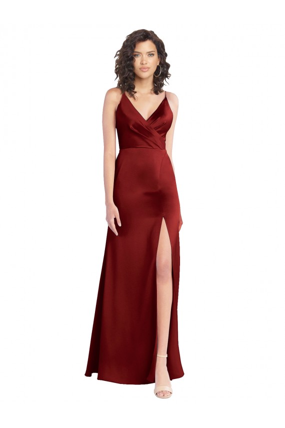 Online Faux Surplice Neckline Long Slim A-Line Stretch Satin Prom Dress UK