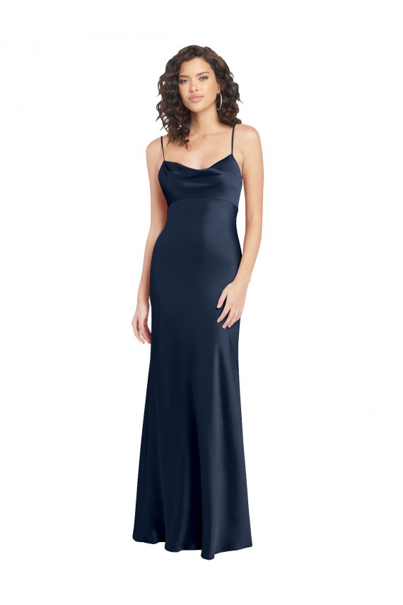 Online Cowl Neck Long Empire Waist Stretch Satin Prom Dress with Open Back UK