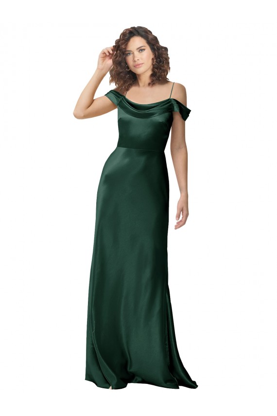 Online Off the Shoulder Sleeves Long Stretch Satin Prom Dress with Pleated Draped Neckline UK