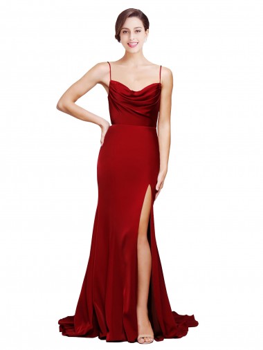Online Cowl Front Neck Sweep Train Stretch Satin Prom Dress with High Side Split UK