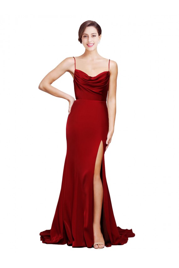 Online Cowl Front Neck Sweep Train Stretch Satin Prom Dress with High Side Split UK