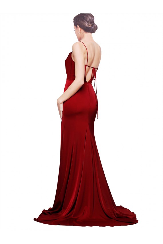 Online Cowl Front Neck Sweep Train Stretch Satin Prom Dress with High Side Split UK
