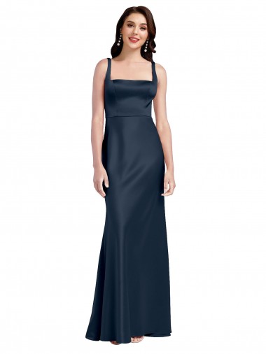 Online Square Neck A-Line Long Stretch Satin Prom Dress with Wide Straps UK