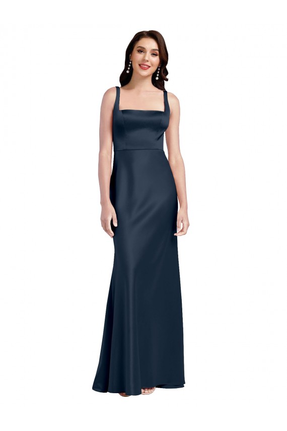 Online Square Neck A-Line Long Stretch Satin Prom Dress with Wide Straps UK