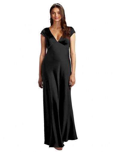 Online Plunging V-Neck Cap Cleeves Long Stretch Satin Prom Dress with Keyhole Back UK