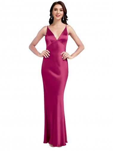 Online V-Neck Spaghetti Straps Slim Stretch Satin Prom Dress with Low Scoop Back UK