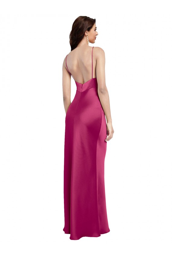 Online V-Neck Spaghetti Straps Slim Stretch Satin Prom Dress with Low Scoop Back UK