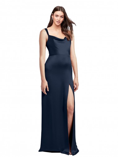 Online Cowl Neck Soft Long Stretch Satin Prom Dress with Side Slit and Pleated Straps UK