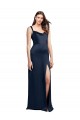 Online Cowl Neck Soft Long Stretch Satin Prom Dress with Side Slit and Pleated Straps UK