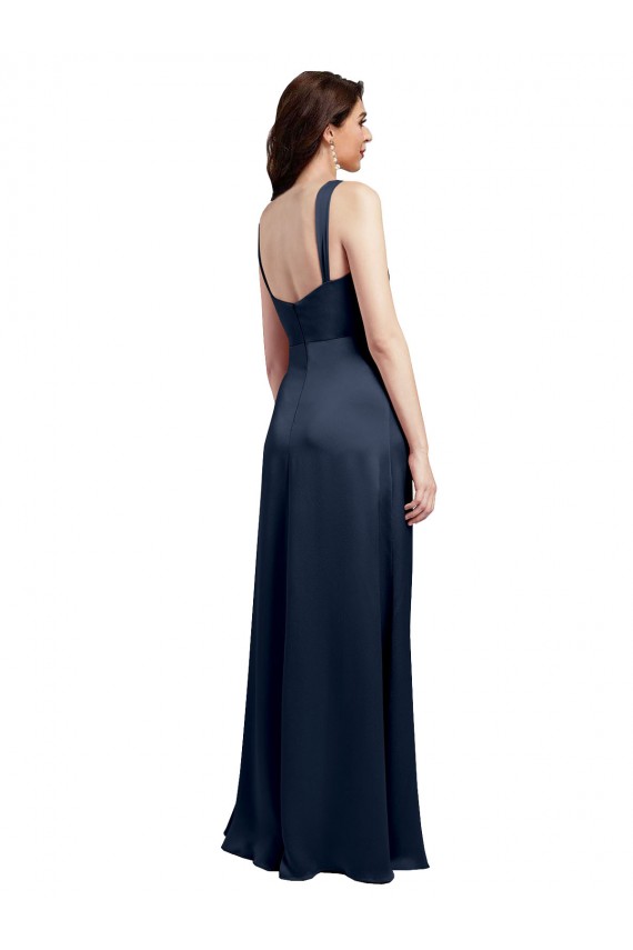 Online Cowl Neck Soft Long Stretch Satin Prom Dress with Side Slit and Pleated Straps UK