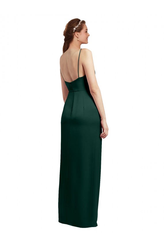 Online Sleek Straight Neckline Long Wrap Stretch Satin Prom Dress with Angled Pleats UK