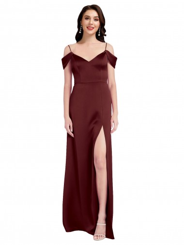 Online Draped Off the Shoulder Sleeves Slim A-Line Stretch Satin Prom Dress with Side Slit UK