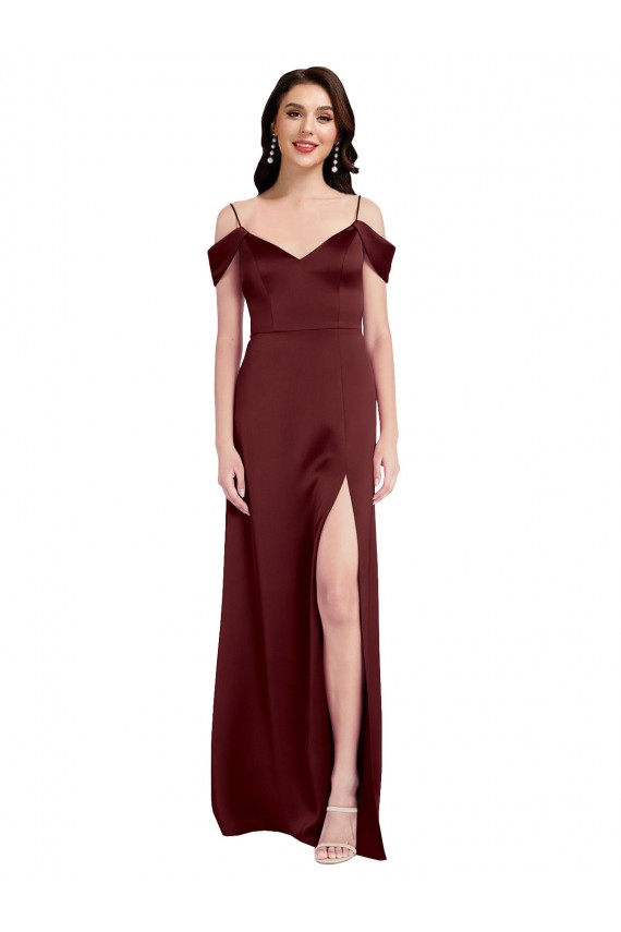 Online Draped Off the Shoulder Sleeves Slim A-Line Stretch Satin Prom Dress with Side Slit UK