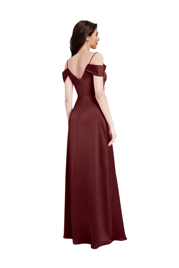 Online Draped Off the Shoulder Sleeves Slim A-Line Stretch Satin Prom Dress with Side Slit UK