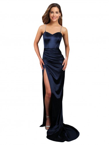 Online Pleated Sash Skirt Long Stretch Satin Prom Dress with High Slit UK