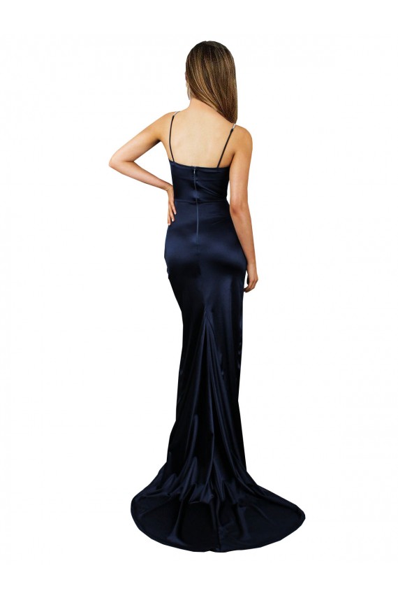 Online Pleated Sash Skirt Long Stretch Satin Prom Dress with High Slit UK