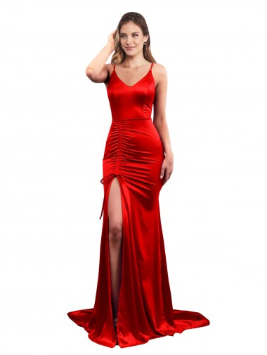 Online Long Pleated Stretch Satin Prom Dress with High Slit UK