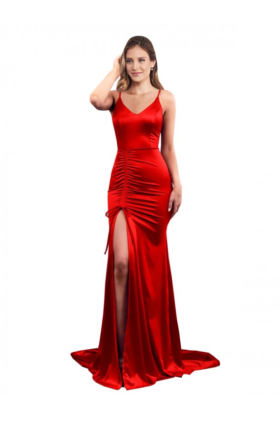 Online Long Pleated Stretch Satin Prom Dress with High Slit UK