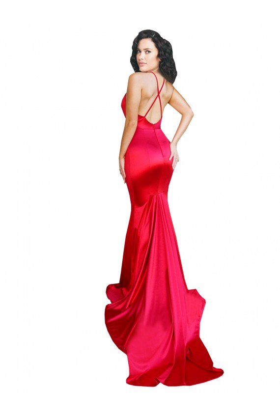 Online Mermaid Open Back Long Stretch Satin Prom Dress with High Slit UK