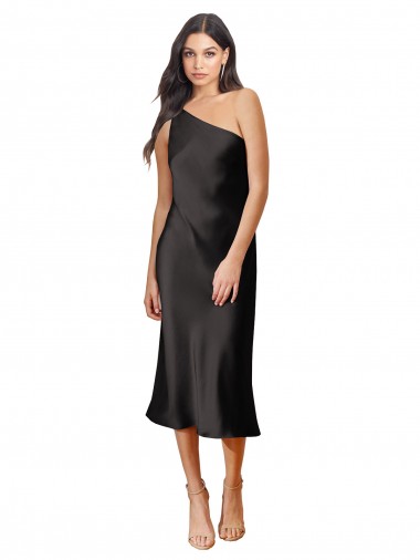 Online Sleek One Shoulder Midi Length Short Stretch Satin Slip Cocktail Prom Dress / Homecoming Dress UK