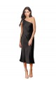 Online Sleek One Shoulder Midi Length Short Stretch Satin Slip Cocktail Prom Dress / Homecoming Dress UK