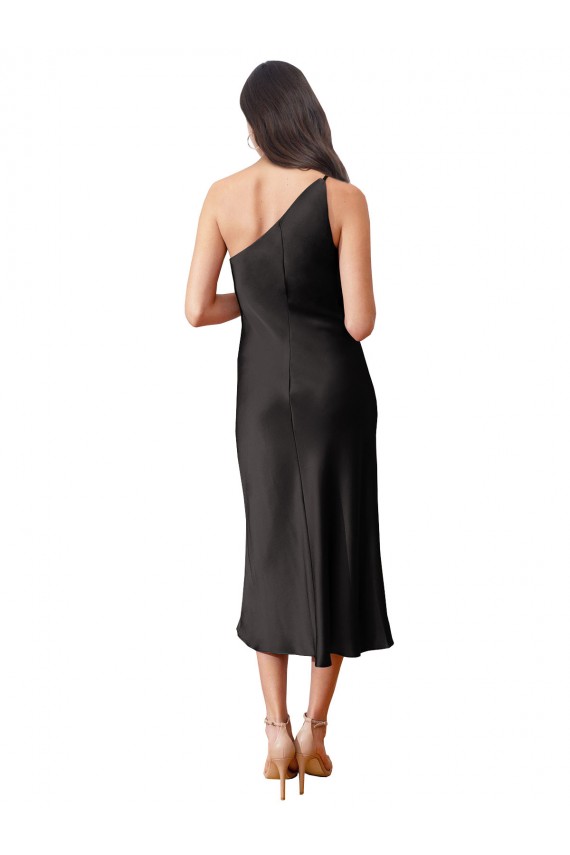 Online Sleek One Shoulder Midi Length Short Stretch Satin Slip Cocktail Prom Dress / Homecoming Dress UK
