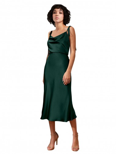 Online Spaghetti Straps Tie Shoulders Cowl Neck Short Midi Length Stretch Satin Cocktail Prom Dress / Homecoming Dress UK