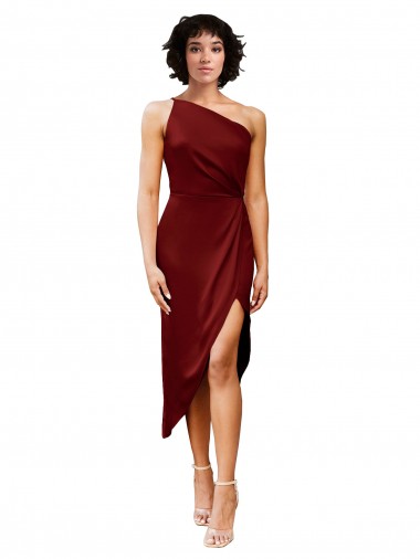 Online One Shoulder Midi Length Short Stretch Satin Wrap Style Cocktail Prom Dress / Homecoming Dress UK