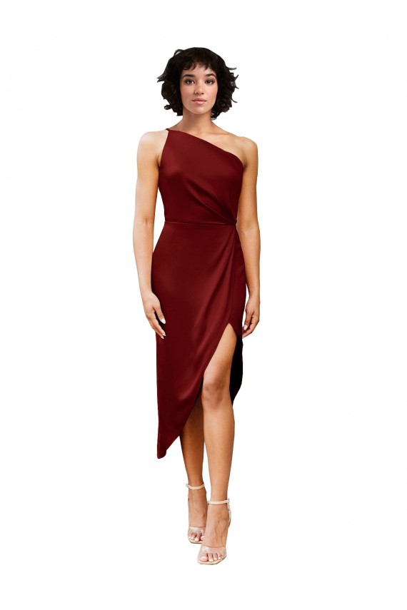 Online One Shoulder Midi Length Short Stretch Satin Wrap Style Cocktail Prom Dress / Homecoming Dress UK