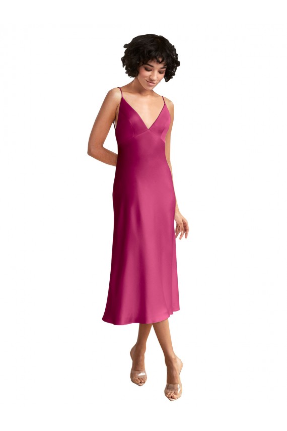 Online Midi Length V-Neck Short Stretch Satin Cocktail Prom Dress / Homecoming Dress with Low Scoop Back UK