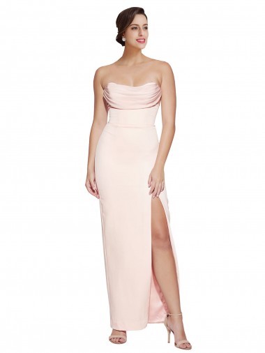 Online Cowl Neck Strapless Stretch Satin Prom Dress with High Split UK