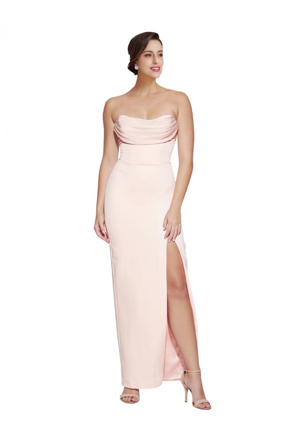 Online Cowl Neck Strapless Stretch Satin Prom Dress with High Split UK
