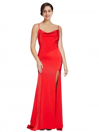 Online Low Back Cowl Neck Stretch Satin Prom Dress with High Side Slit UK