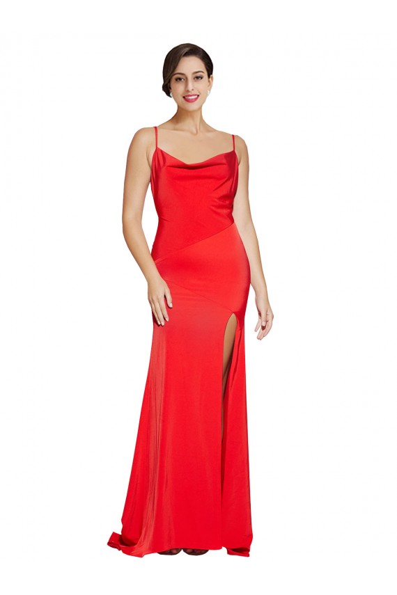 Online Low Back Cowl Neck Stretch Satin Prom Dress with High Side Slit UK