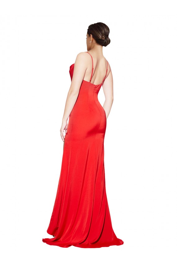 Online Low Back Cowl Neck Stretch Satin Prom Dress with High Side Slit UK