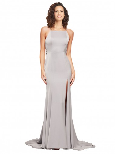 Online High Neck Low Back Long Full Length Stretch Satin Prom Dress UK