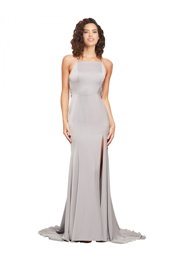 Online High Neck Low Back Long Full Length Stretch Satin Prom Dress UK