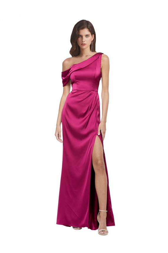 Online Off the Shoulder Short Sleeves Stretch Satin Prom Dress with Side Slit UK
