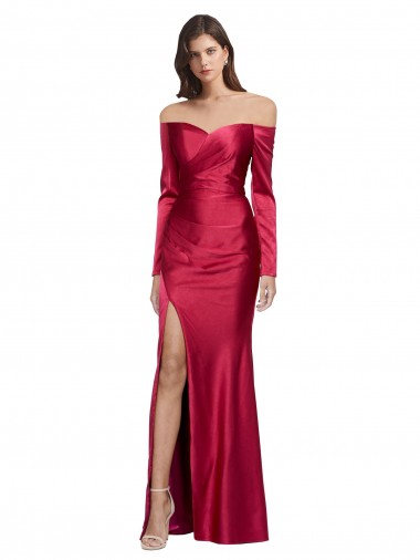 Online Long Sleeves Off the Shoulder Stretch Satin Prom Dress with High Side Split UK