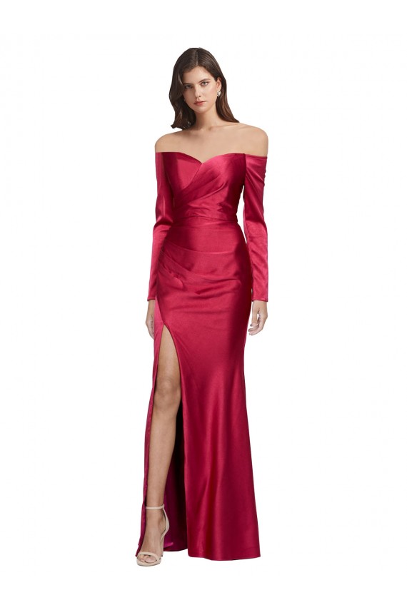 Online Long Sleeves Off the Shoulder Stretch Satin Prom Dress with High Side Split UK