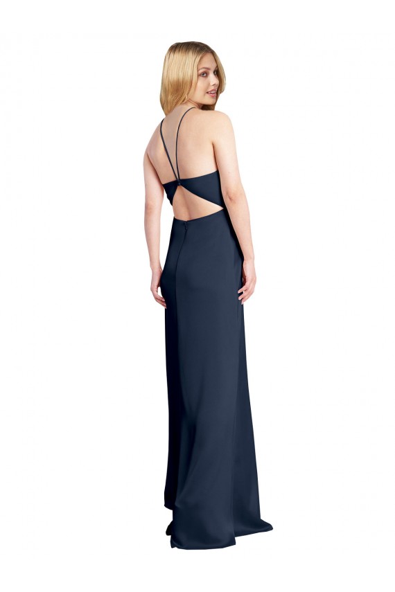 Online Halter Neckline Long Stretch Satin Prom Dress with Strappy Back and Side Slit UK