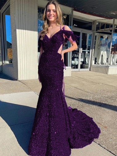 Online Cold Shoulder Sleeveless Long Court Train Velvet Sequin Prom Dress UK