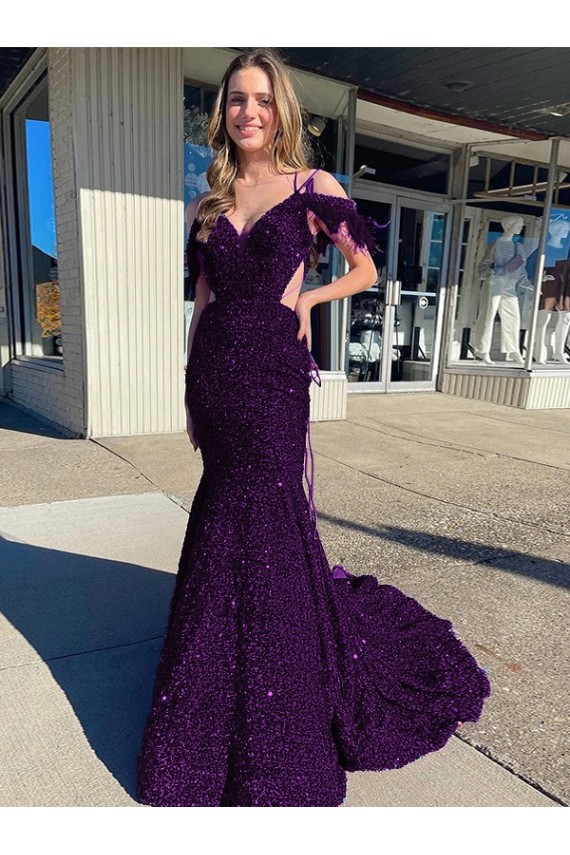 Online Cold Shoulder Sleeveless Long Court Train Velvet Sequin Prom Dress UK