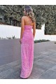 Online Halter Sleeveless Long Floor Length Velvet Sequin Prom Dress with Slit UK