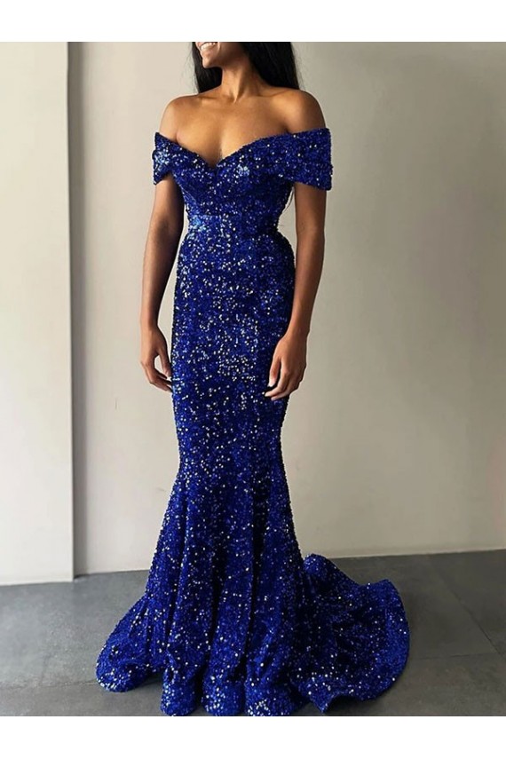 Online Mermaid Off the Shoulder Sleeveless Long Sweep Train Velvet Sequin Prom Dress UK
