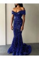 Online Mermaid Off the Shoulder Sleeveless Long Sweep Train Velvet Sequin Prom Dress UK